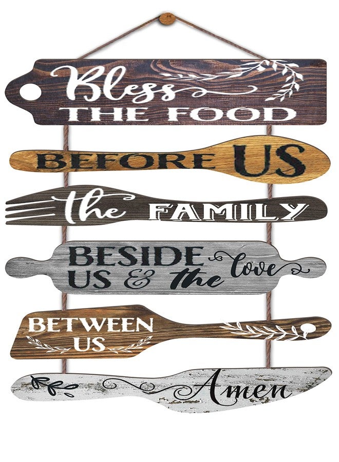 EXQUIDECA Bless the Food Before Us Farmhouse Kitchen Wall Decor - Dining Room Decorations Collage Wall Art in Neutral Grey Color - Wooden Rustic 6pcs Roped Sign 25x14 Inches Vertical - Image 1