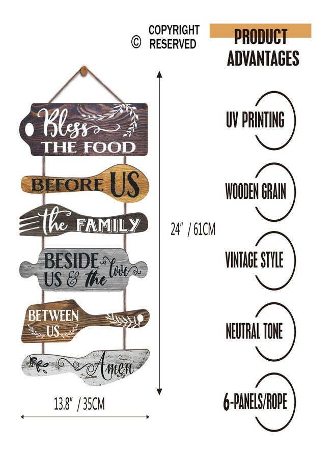 EXQUIDECA Bless the Food Before Us Farmhouse Kitchen Wall Decor - Dining Room Decorations Collage Wall Art in Neutral Grey Color - Wooden Rustic 6pcs Roped Sign 25x14 Inches Vertical - Image 5