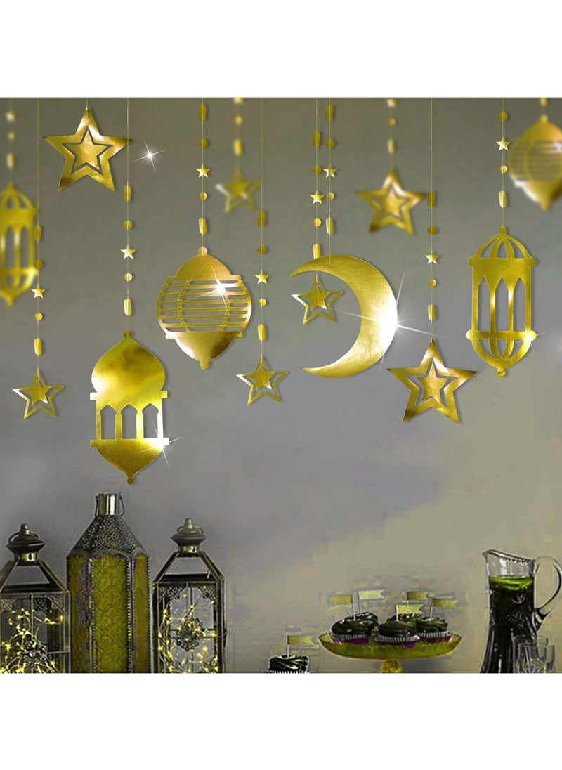 Jorunb - 2 Pack 16 Pcs Gold Star Crescent Moon Lantern Garland Decorations for Islamic Ramadan Home Happy Eid Mubarak Party Decor Hanging Streamer Wedding Backdrop Banner Aladdin Birthday Party Supplies - Image 1