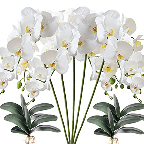 HinyoCo 5 Pcs Artificial Phalaenopsis Flowers and 4 Bundles Leaves,Artificial Orchid Flowers with 4 Bundles Leaves Stem Plants for Home Wedding Decoration - Image 1
