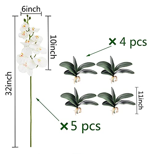 HinyoCo 5 Pcs Artificial Phalaenopsis Flowers and 4 Bundles Leaves,Artificial Orchid Flowers with 4 Bundles Leaves Stem Plants for Home Wedding Decoration - Image 2