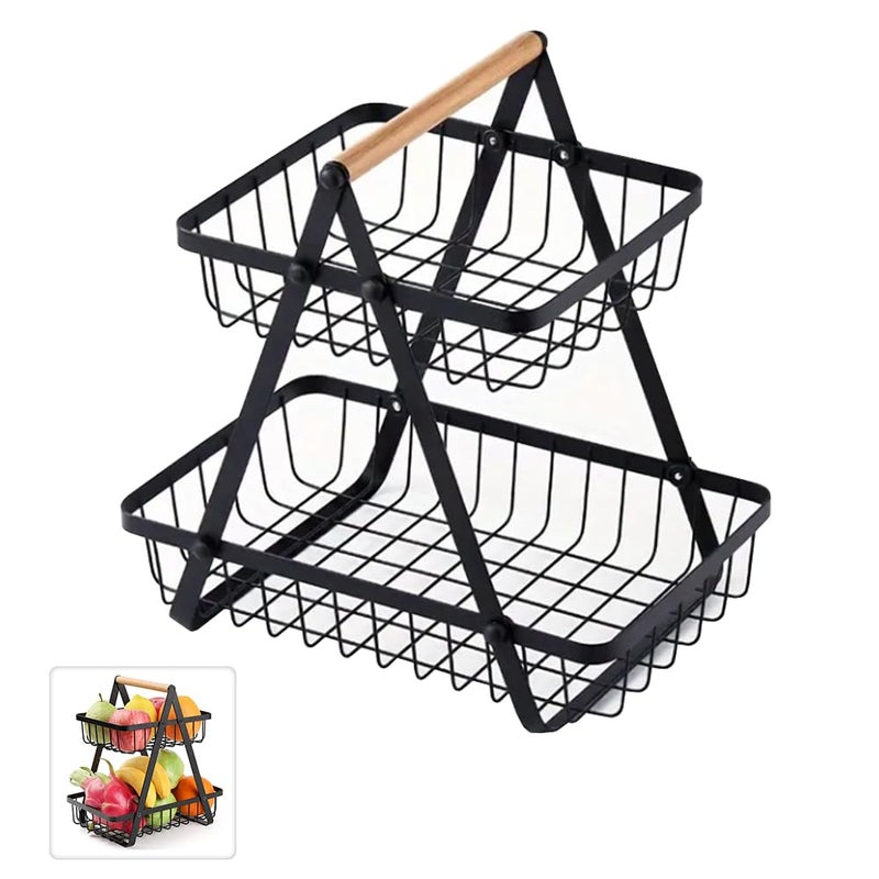 karomouj 2Tier Fruit Basket Rack Holder Vegetable Organizer with Wooden Handle for Kitchen fruit basket Veggies Pantry Gift Hamper Decoration Black - Image 2