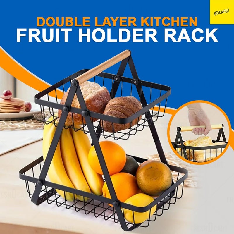 karomouj 2Tier Fruit Basket Rack Holder Vegetable Organizer with Wooden Handle for Kitchen fruit basket Veggies Pantry Gift Hamper Decoration Black - Image 3