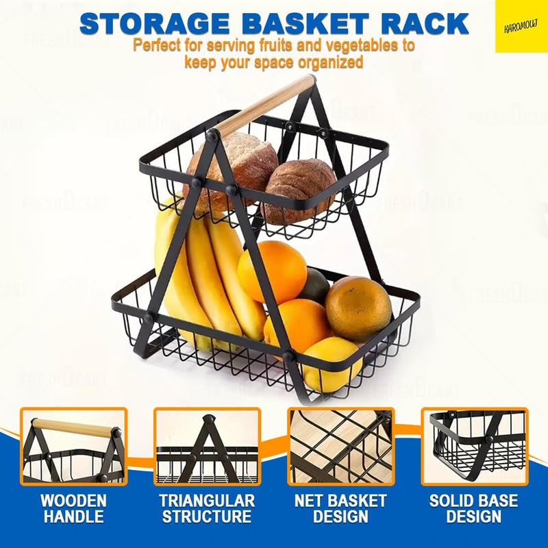 karomouj 2Tier Fruit Basket Rack Holder Vegetable Organizer with Wooden Handle for Kitchen fruit basket Veggies Pantry Gift Hamper Decoration Black - Image 4