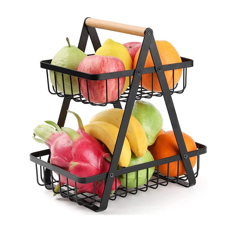 karomouj 2Tier Fruit Basket Rack Holder Vegetable Organizer with Wooden Handle for Kitchen fruit basket Veggies Pantry Gift Hamper Decoration Black - Image 1