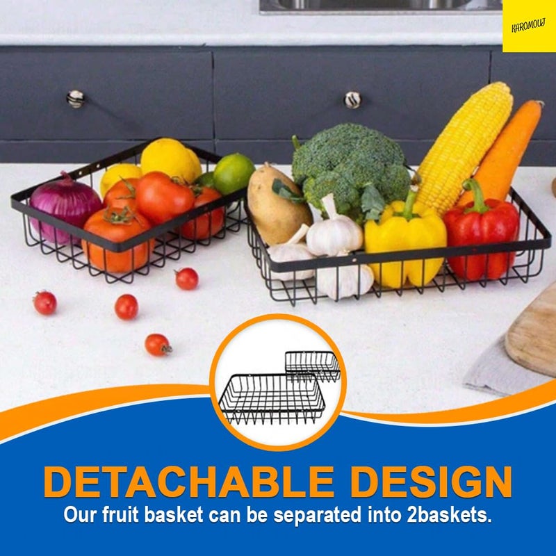 karomouj 2Tier Fruit Basket Rack Holder Vegetable Organizer with Wooden Handle for Kitchen fruit basket Veggies Pantry Gift Hamper Decoration Black - Image 5