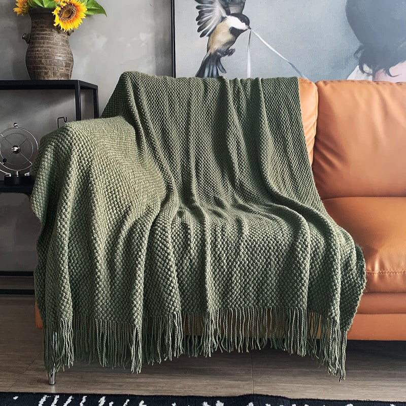 LOMAO Knitted Throw Blanket with Tassels Bubble Textured Lightweight Throws for Couch Cover Home Decor Dark Olive 50x60