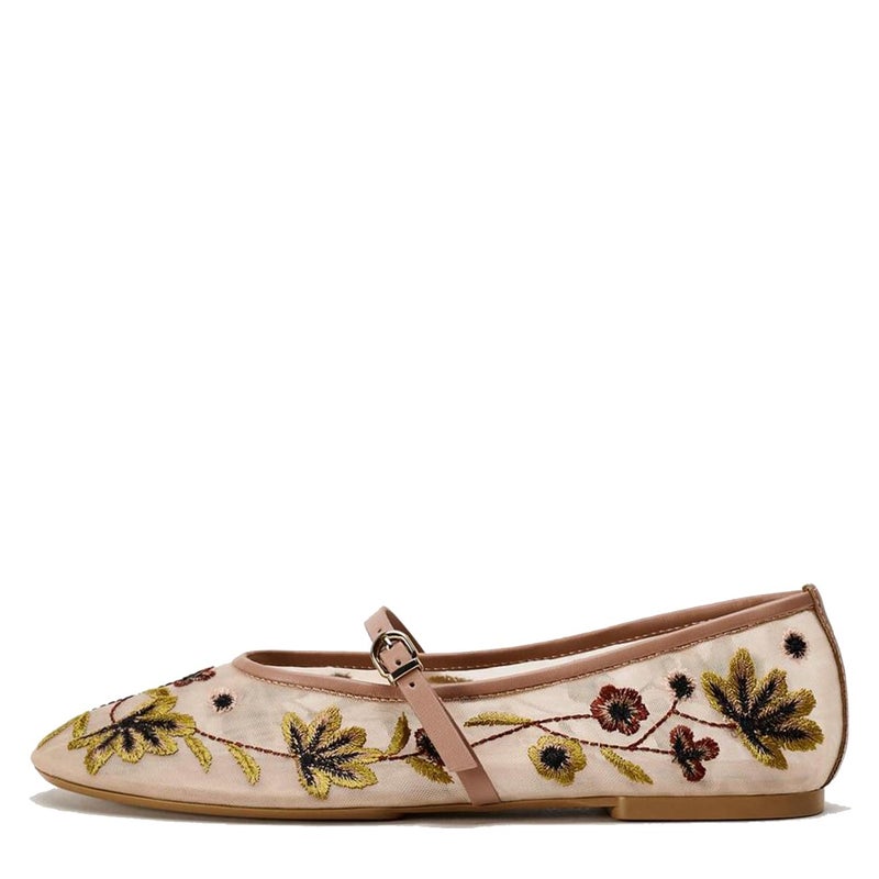 MRKEWUNEY Mesh Ballet Flats for Women Embroidered Floral Round Toe Mary Jane Flats Comfortable Ballerina Flats with Strap Apricot Size 40