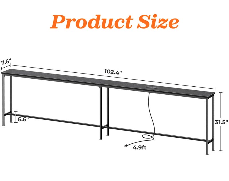 SUPERJARE 102.4 Inch Sofa Table with Power Outlets and USB-C Port, 5.9 Inch Narrow Console Tables, Entryway Hallway Couch Tables with Storage, Behind Sofa, Small Spaces, Living Room, Black - Image 3