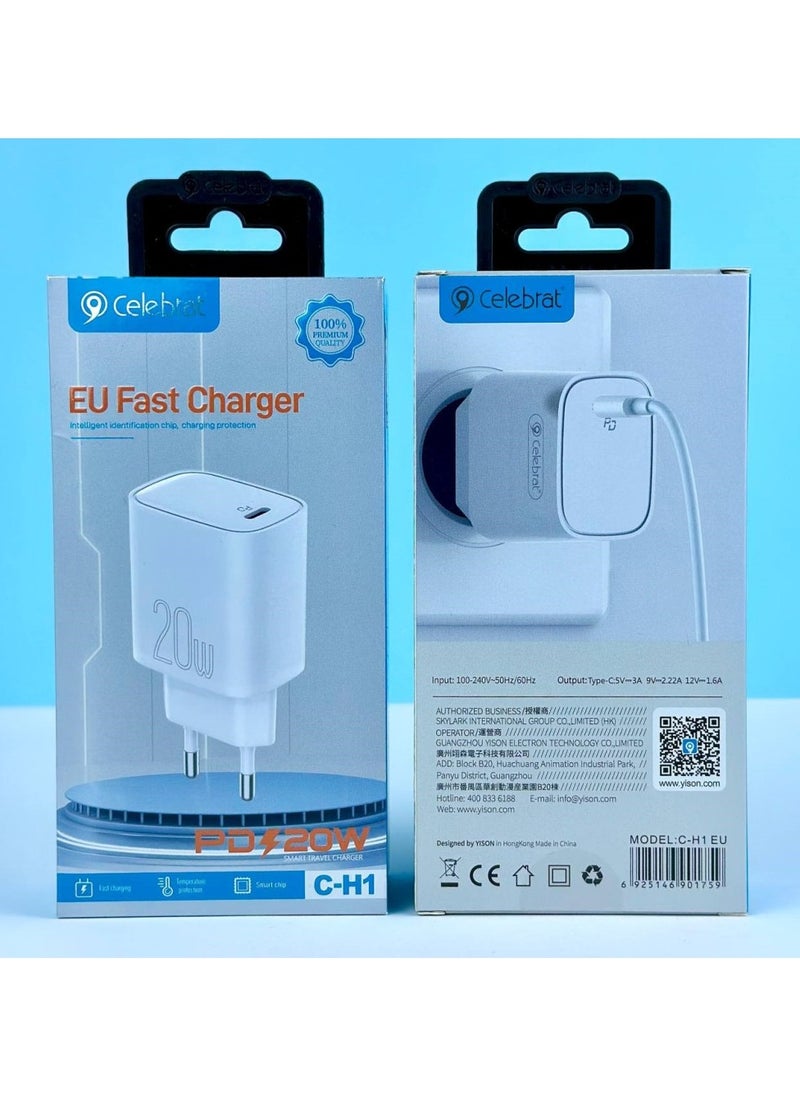 سليبرات - سيليبرات C-H1-EU شاحن سريع مع كابل شحن من النوع C إلى النوع C وشريحة ذكية للتعرف الذكي تناسب الأجهزة الذكية المختلفة 20 وات - أبيض - Image 1