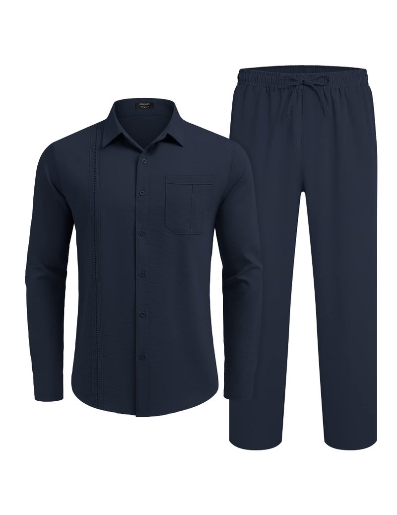 COOFANDY Men 2 Piece Linen Set Outfits Button Up Shirts and Pants Sets Vacation Linen Suits Casual Loose Beach Wear - Image 4
