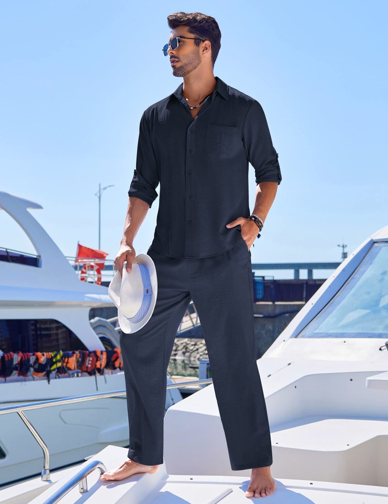 COOFANDY Men 2 Piece Linen Set Outfits Button Up Shirts and Pants Sets Vacation Linen Suits Casual Loose Beach Wear - Image 2