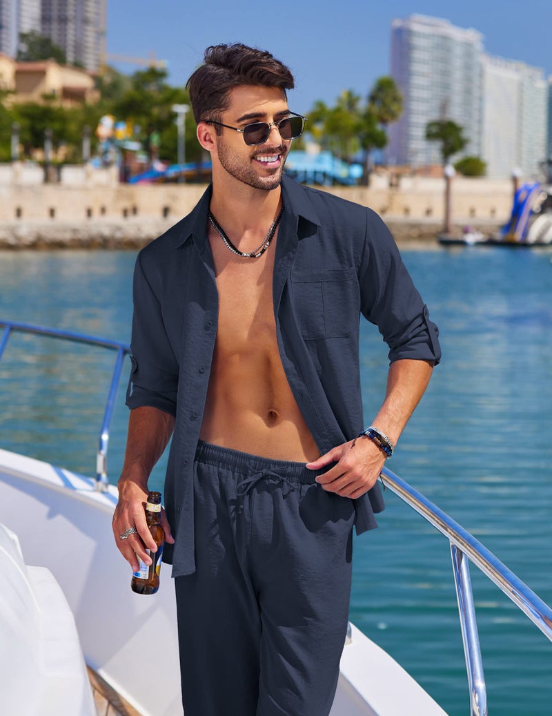 COOFANDY Men 2 Piece Linen Set Outfits Button Up Shirts and Pants Sets Vacation Linen Suits Casual Loose Beach Wear - Image 3