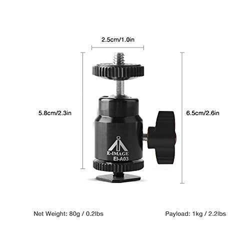 E-Image EI-A03 360° Multi Functional Mini Ball Head 1/4" Thread Hot Shoe Mount Adapter for Cameras Smartphone Gopro LED Video Light Microphone Video Monitor Payload 1 kg (Black) - Image 2