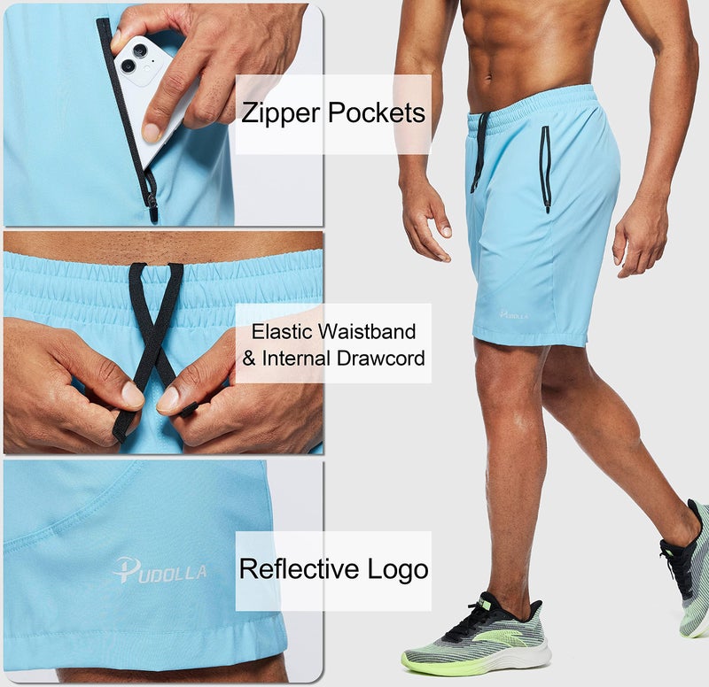 Pudolla Men's Workout Running Shorts Lightweight Gym Athletic Shorts for Men with Zipper Pockets (Forever Blue Medium) - Image 4