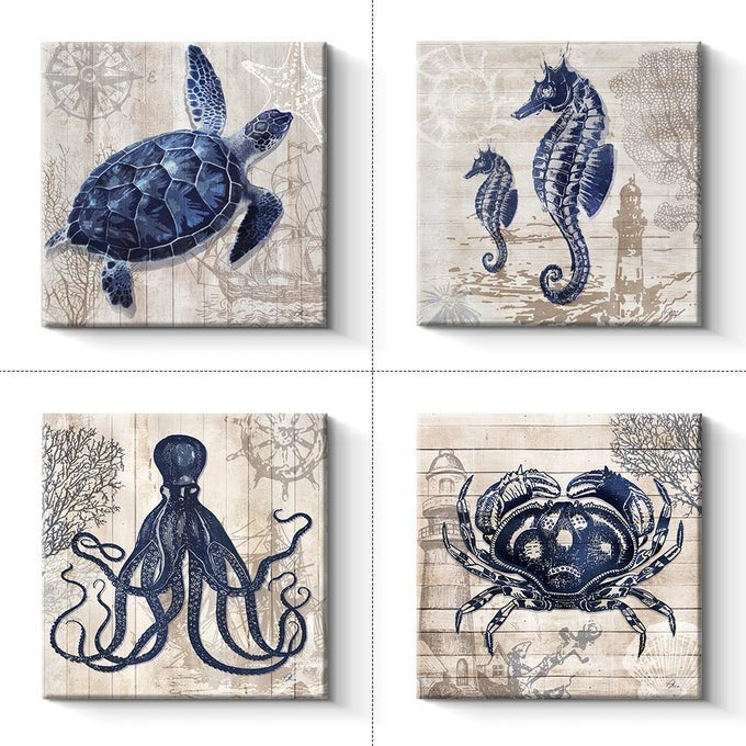 BATHROOM DECOR 4 PANEL CANVAS WALL ART OCEAN THEME CANVAS PRINTS SEA ANIMAL OCTOPUS CRAB SEATURTLE SEAHORSE DECOR PICTURES LIVINGROOM POSTERS 12 X 12 X 4 PCS 12 X 12 X 4PCS