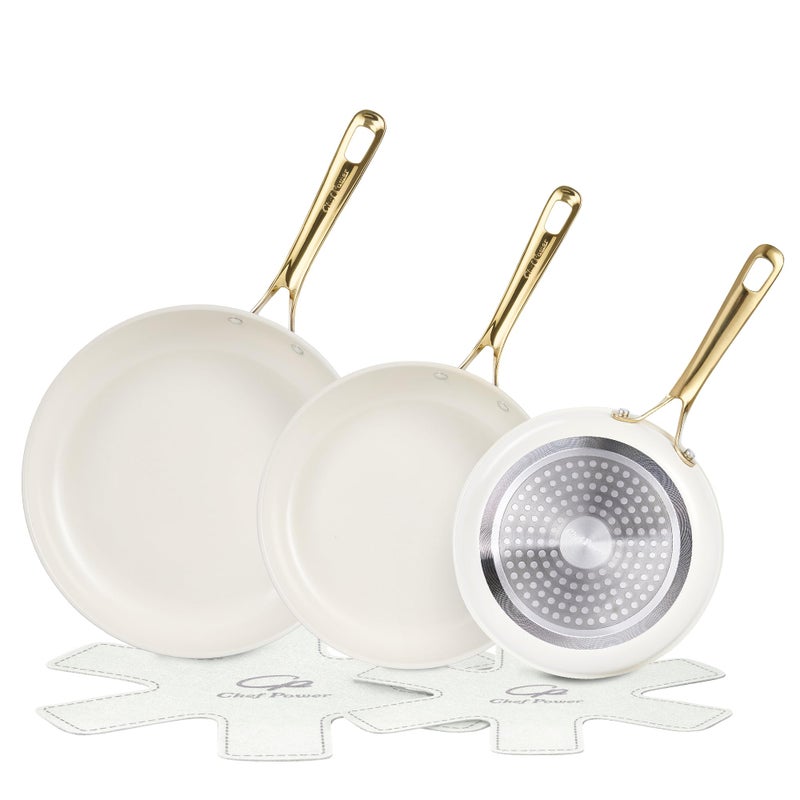 Chef Power Ceramic Frying Pan with Stainless Steel handle 5Pcs Set, Non Stick Grill Pan Set, Dishwasher and Oven Safe, Cream White and Light Gold Handle - Image 1