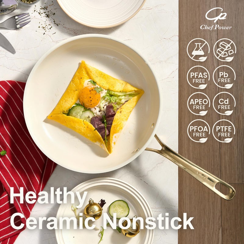 Chef Power Ceramic Frying Pan with Stainless Steel handle 5Pcs Set, Non Stick Grill Pan Set, Dishwasher and Oven Safe, Cream White and Light Gold Handle - Image 3