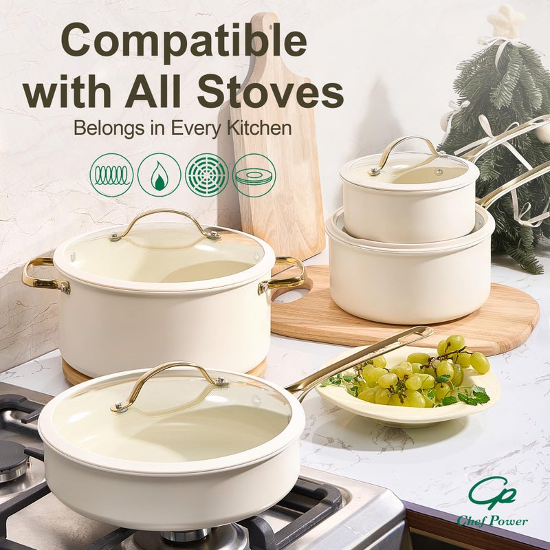 Chef Power Ceramic Frying Pan with Stainless Steel handle 5Pcs Set, Non Stick Grill Pan Set, Dishwasher and Oven Safe, Cream White and Light Gold Handle - Image 5