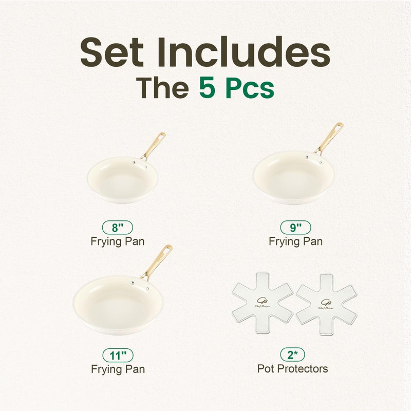 Chef Power Ceramic Frying Pan with Stainless Steel handle 5Pcs Set, Non Stick Grill Pan Set, Dishwasher and Oven Safe, Cream White and Light Gold Handle - Image 2