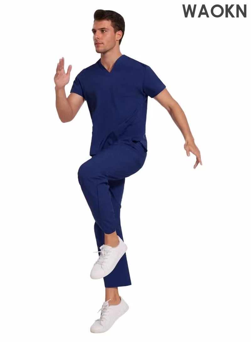 WAOKN Womens Men Medical Scrubs Set Unisex Scrub Top and Scrub Pant Set Medical Uniform Scrubs Medical Uniform Set meticulously crafted to retain its color without fading with repeated washing (Navy Blue) - Image 5