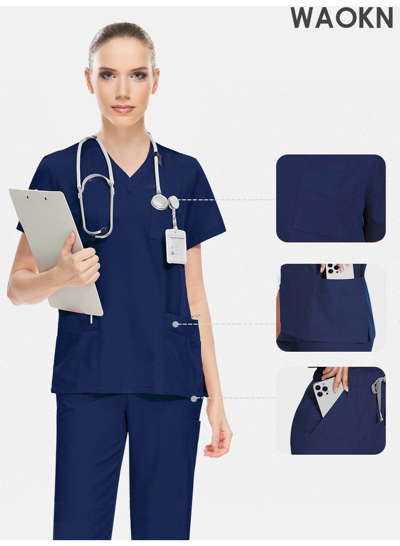 WAOKN Womens Men Medical Scrubs Set Unisex Scrub Top and Scrub Pant Set Medical Uniform Scrubs Medical Uniform Set meticulously crafted to retain its color without fading with repeated washing (Navy Blue) - Image 2