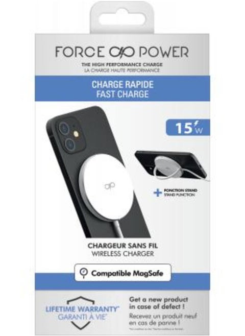 حامل شاحن لاسلكي متوافق مع MagSafe بقوة 15 وات من Force Power، ضمان مدى الحياة، أبيض
