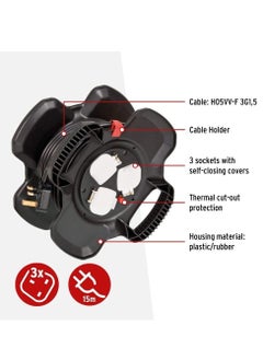 Brennenstuhl rubber cable reel with 3 earthed sockets with self-closing covers and 15m  - Image 2