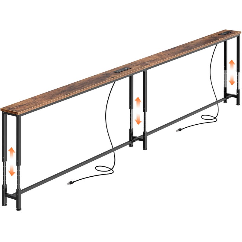 Huuger 102.4 Inch Sofa Table with Power Outlets, 23.9â€™â€™-34.4â€™â€™ Height Adjustable Range, Behind Couch Table with USB-C Ports, Sofa Tables Narrow Long, Skinny Console Table, Small Spaces, Rustic Brown - Image 1