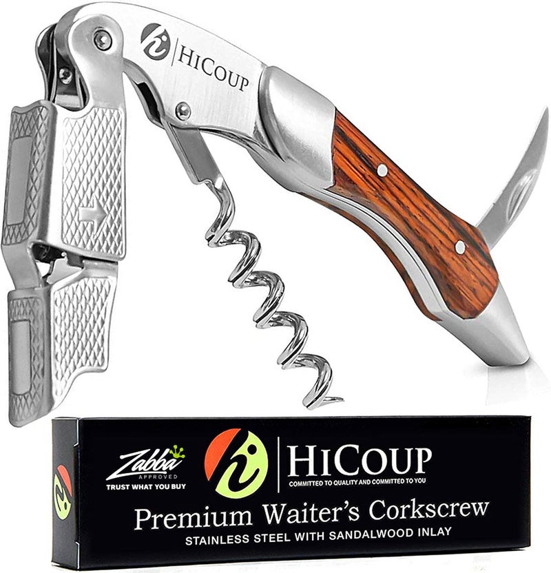 HiCoup Kitchenware فتاحة نبيذ هيكوب - مفتاح احترافي لزجاجات النبيذ مع قاطع ورق الألمنيوم ومزيل الأغطية - مفتاح نبيذ يدوي للخدم والنُدُل وبارتندرز والاستخدام المنزلي - مصنوع من الفولاذ المقاوم للصدأ مع خشب الصندل - Image 1