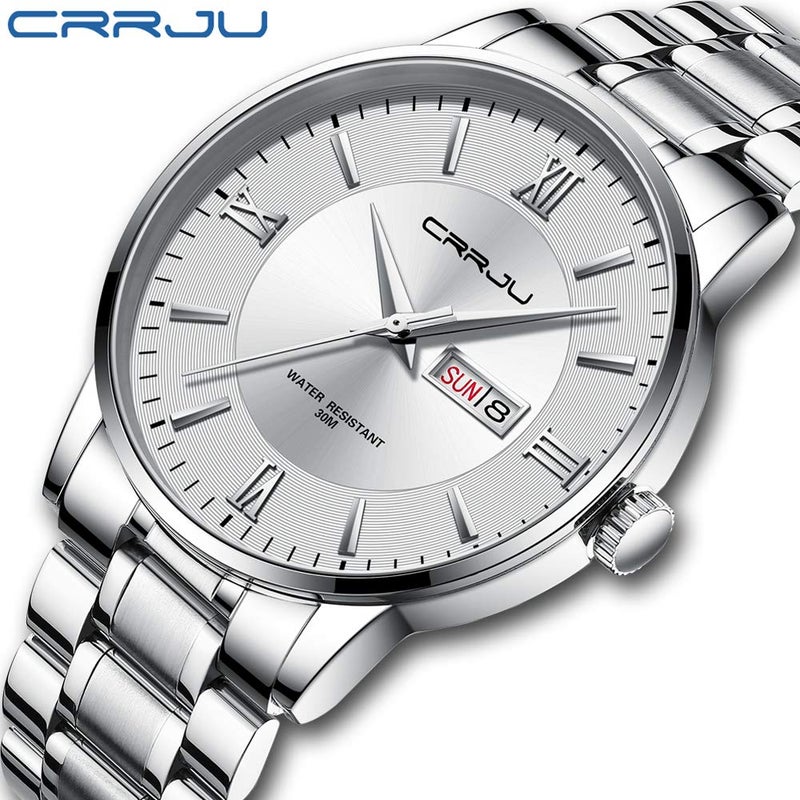 CRRJU Men's Casual Auto Date Watches Fashion Business Japan Movement Quartz Waterproof Wristwatches for Men,Silver White Stainsteel Steel Band Watch - Image 2