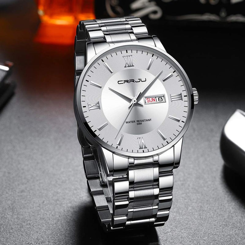 CRRJU Men's Casual Auto Date Watches Fashion Business Japan Movement Quartz Waterproof Wristwatches for Men,Silver White Stainsteel Steel Band Watch - Image 3