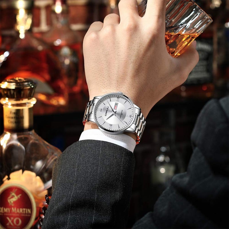 CRRJU Men's Casual Auto Date Watches Fashion Business Japan Movement Quartz Waterproof Wristwatches for Men,Silver White Stainsteel Steel Band Watch - Image 5