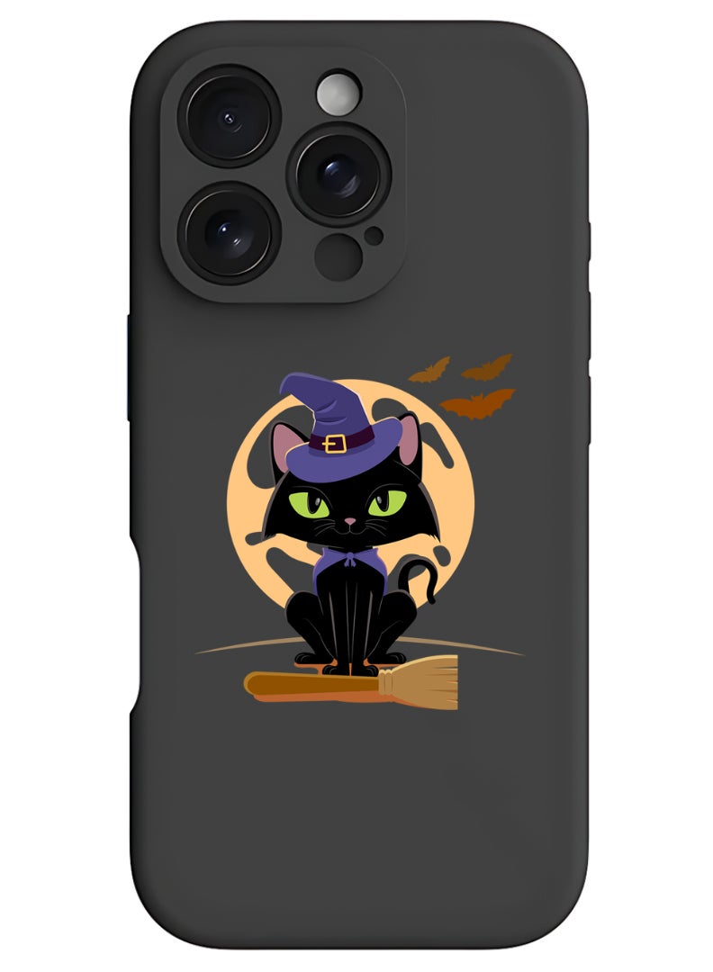 Theodor iPhone 16 Pro Max Black Protective Slim Fit Case Liquid Silicone Cover with Full Body Protection Anti-Scratch Shockproof Case For iPhone - Cat Halloween with broom - Image 1