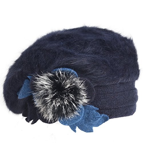 VECRY Lady French Beret 100% Wool Beret Floral Dress Beanie Winter Hat (Angola-Navy) - Image 2