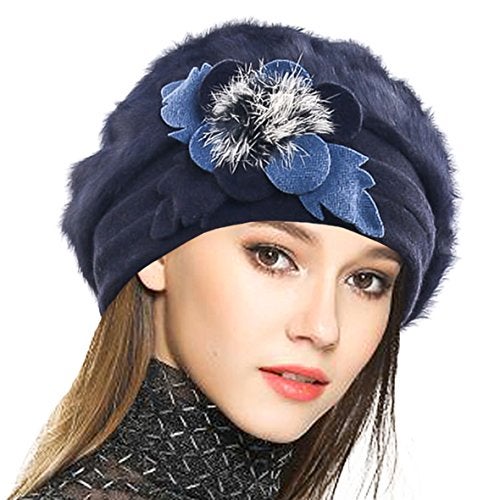 VECRY Lady French Beret 100% Wool Beret Floral Dress Beanie Winter Hat (Angola-Navy) - Image 1