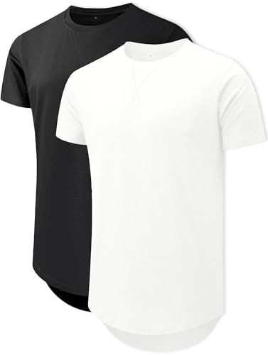 Comdecevis Mens 2 Pack Cotton T Shirts Crewneck Hipster Hip Hop Longline Gym Workout Athletic Shirts, XL, Black/White - Image 1
