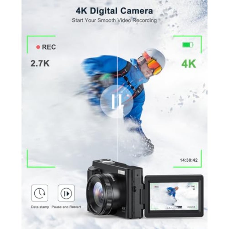كاميرا رقمية للمبتدئين والمراهقين: ضبط تلقائي للصورة 4K، مستشعر 64 ميجابكسل، تكبير 16X، مضاد للاهتزاز، فلاش مدمج، صديق للصور الشخصية، يتضمن شاحن بطاريتين بدون بطاقة SD - Image 2