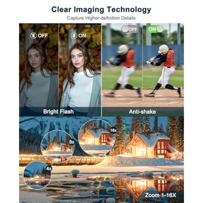 كاميرا رقمية للمبتدئين والمراهقين: ضبط تلقائي للصورة 4K، مستشعر 64 ميجابكسل، تكبير 16X، مضاد للاهتزاز، فلاش مدمج، صديق للصور الشخصية، يتضمن شاحن بطاريتين بدون بطاقة SD - Image 4