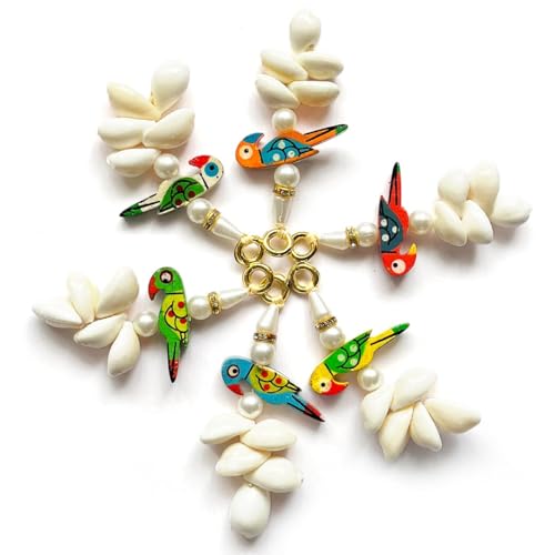 Adikala Kaudi Shells and Wooden Parrot Tassels for Saree Pallu, Designer Dress, Lehenga, Suits, Blouses, Bags, DIY Art and Craft (10, Multi Color) - Image 1