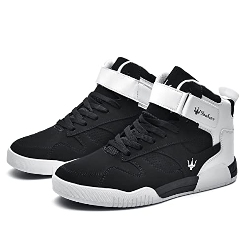 FZUU Men's Fashion High Top Leather Street Sneakers Sports Casual Shoes (9, Black) - Image 3