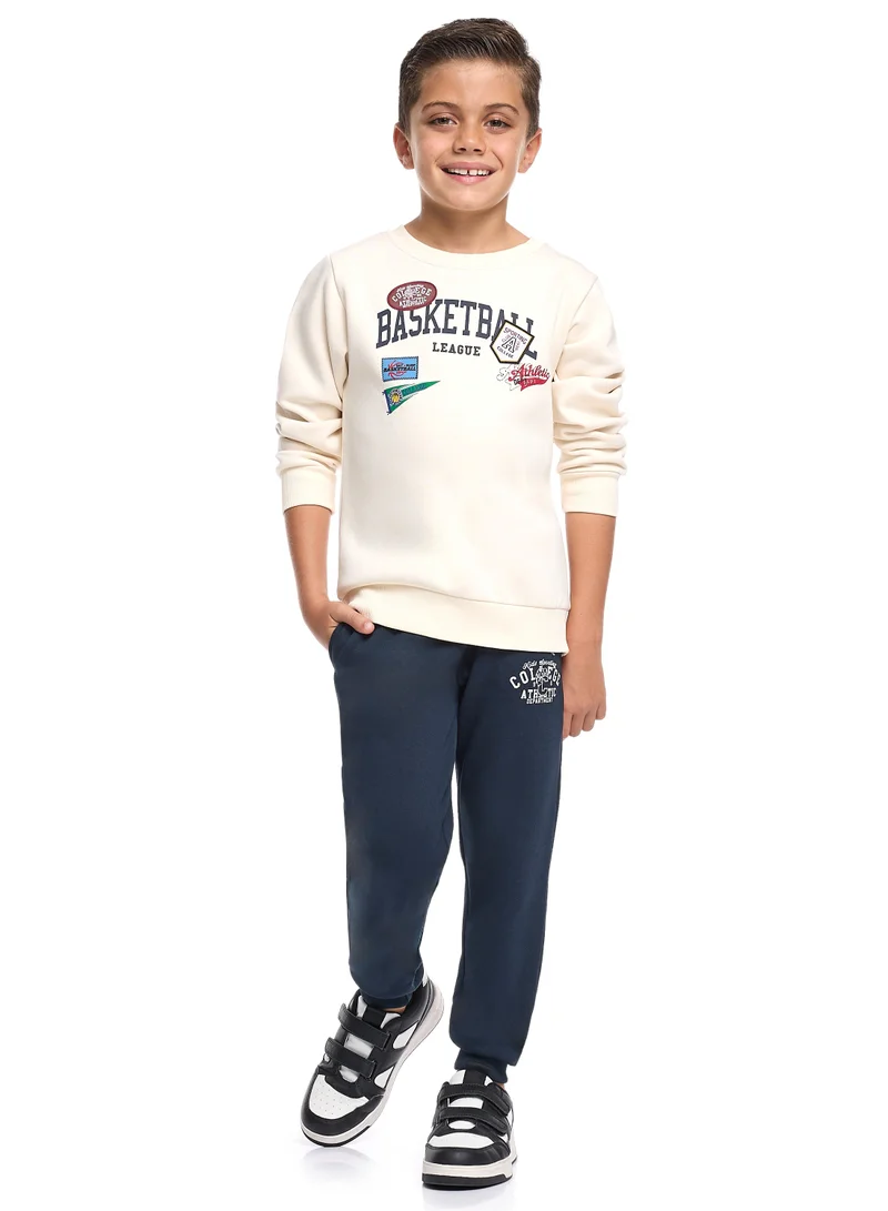 victor and jane Boys’ Basketball League Fleece Set – Cream Sweatshirt &amp; Navy Joggers