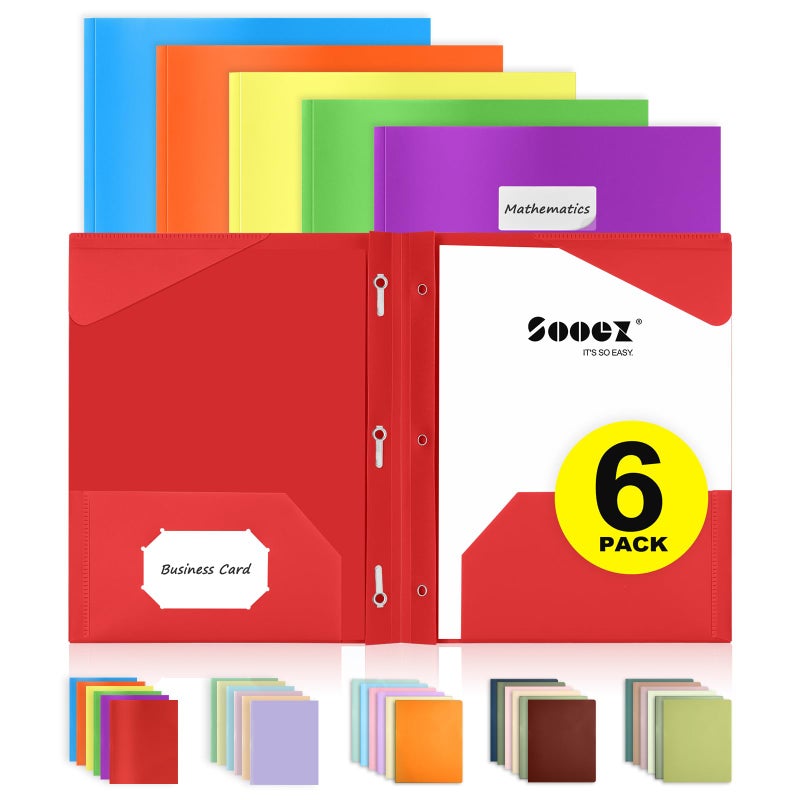 Sooez 6 Pack Pocket Folder with Prongs, Heavy Duty Plastic Folders with Pockets and Prongs, Two Pocket File Folders 3 Prong Folders Back to School Supplies for Kids, Letter Size A4,Bright Color - Image 1