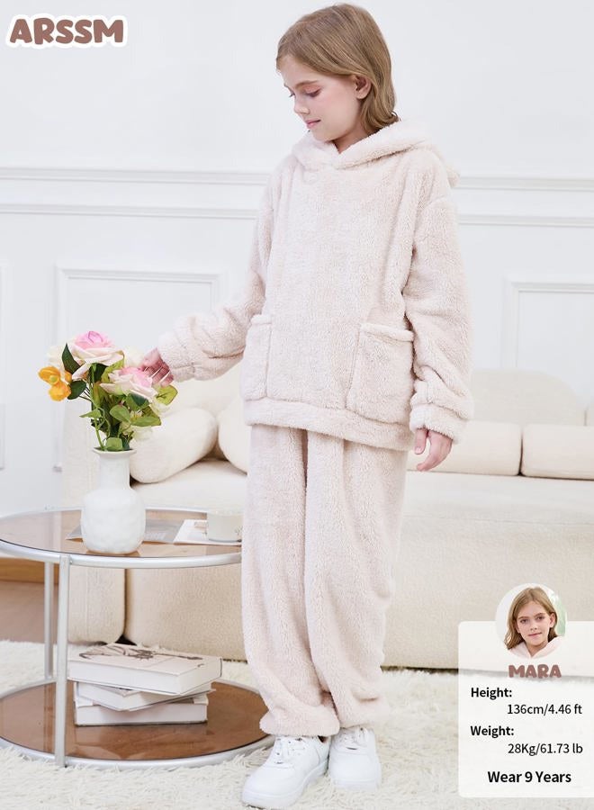 Arssm Girl Pants Sets Two Pieces Outfit Kids Bear Ear Fuzzy Fluffy Hoodie Sweatshirt with Fleece Sweatpants(Beige-3T) - Image 5