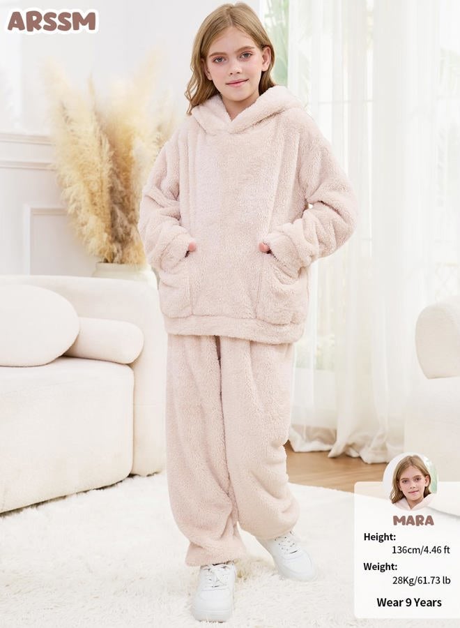 Arssm Girl Pants Sets Two Pieces Outfit Kids Bear Ear Fuzzy Fluffy Hoodie Sweatshirt with Fleece Sweatpants(Beige-3T) - Image 3
