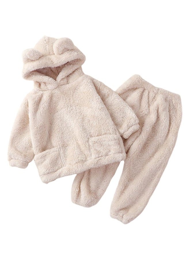 Arssm Girl Pants Sets Two Pieces Outfit Kids Bear Ear Fuzzy Fluffy Hoodie Sweatshirt with Fleece Sweatpants(Beige-3T) - Image 1