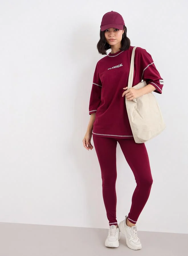 Styli Styli Women Burgundy Overlock Seam Oversized T-Shirt and Leggings Co-Ords