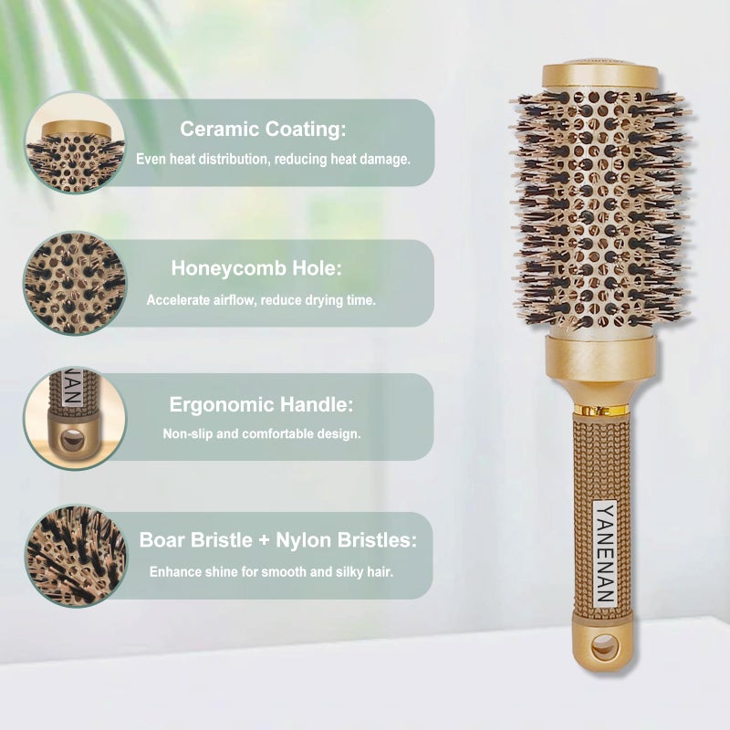 YANENAN Round Brush for Blow Out,Boar Bristle Round Hair Brushes for Women Bangs,Curly Hair Roller Brush for Blow Drying,Nano Thermal Ceramic & Ionic Tech(2.9 inch,Barrel 1.7inch,45mm) - Image 3