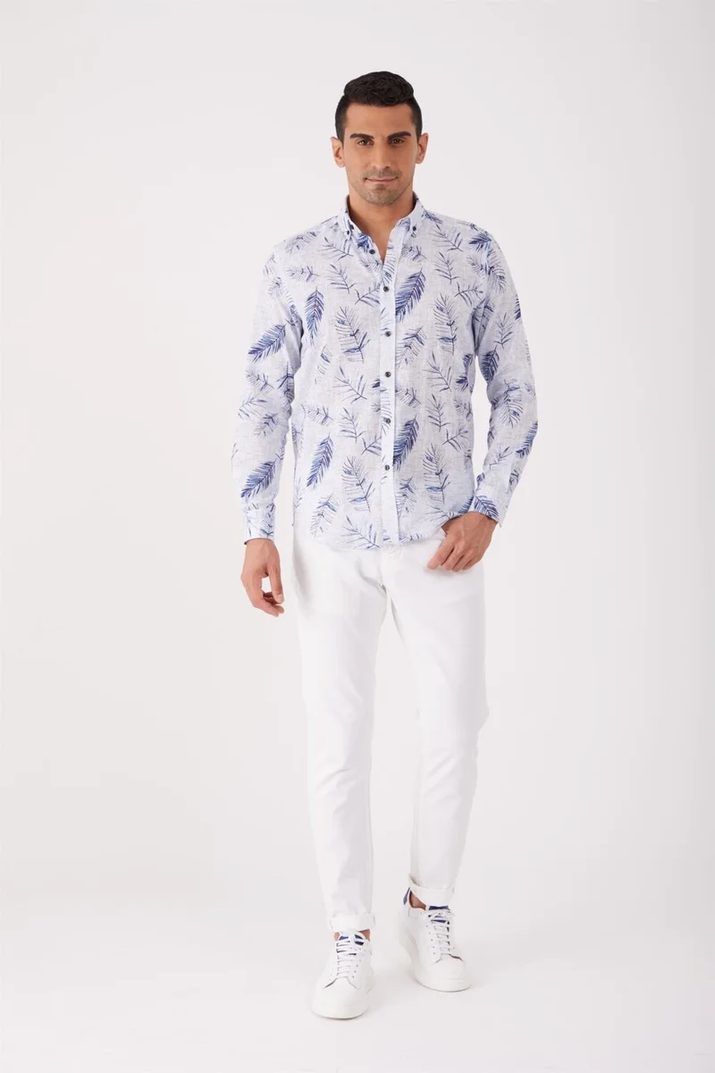 دوفي Blue Men's Regular Fit Brent Button Collar Long Sleeve Shirt