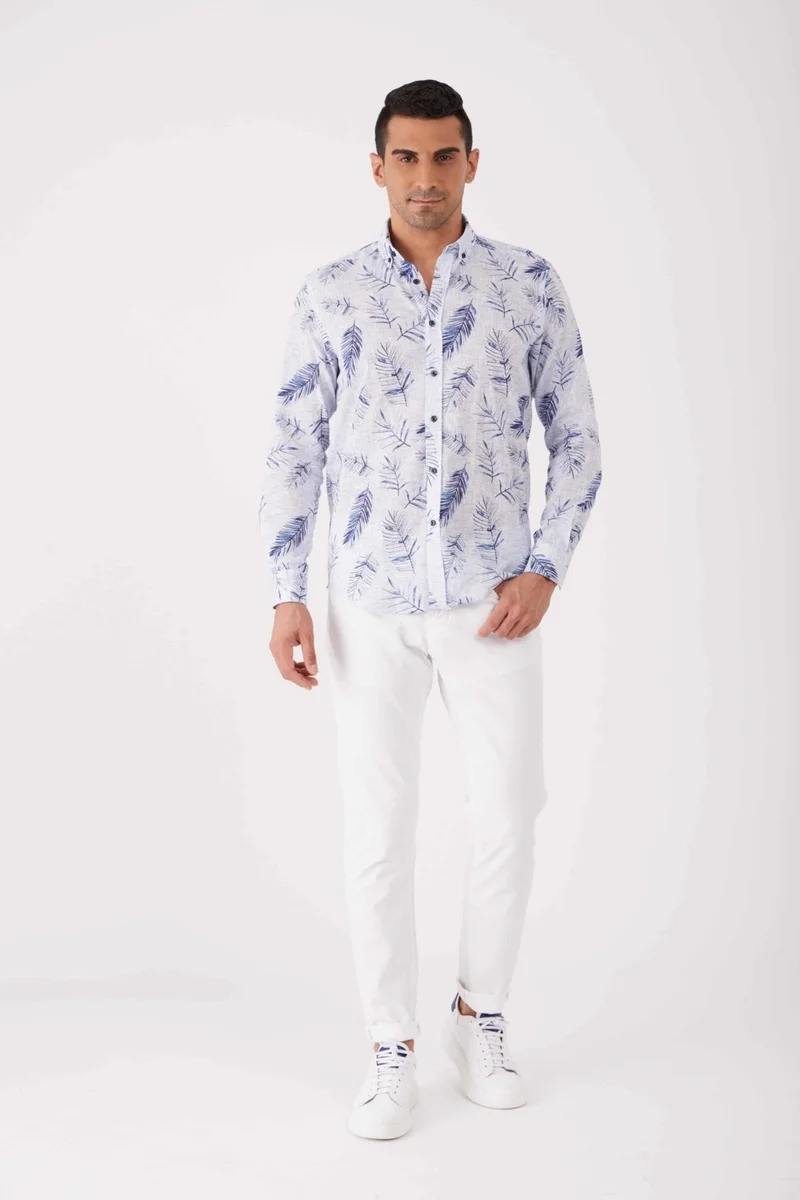 دوفي Blue Men's Regular Fit Brent Button Collar Long Sleeve Shirt
